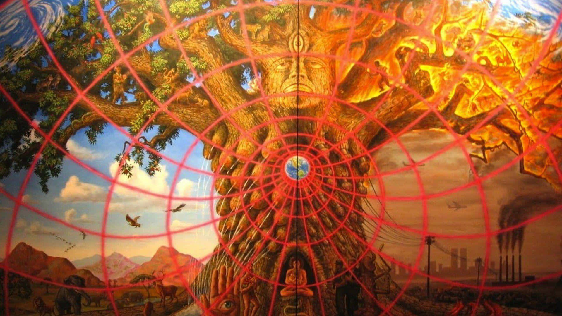 A Painting Of A Tree With A Red Web Background