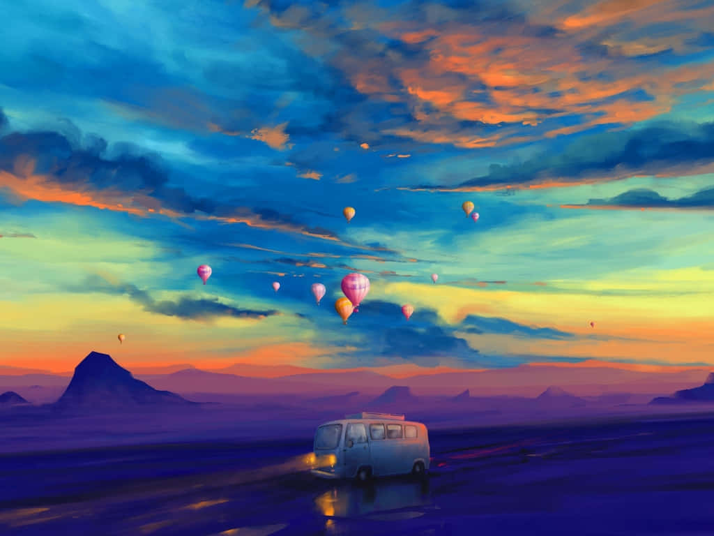 A Painting Of A Van With Balloons In The Sky Background