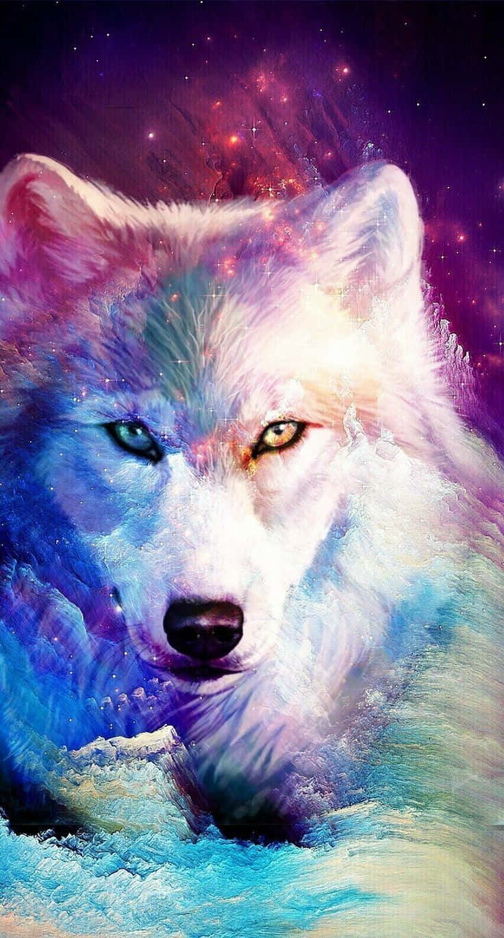 A Painting Of A Wolf With Colorful Eyes Background