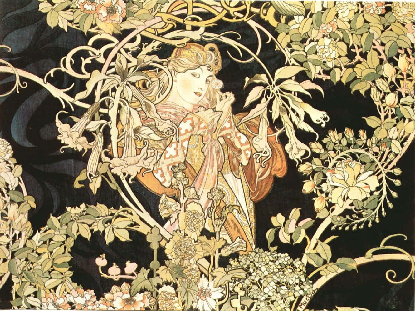 A Painting Of A Woman In A Garden Background