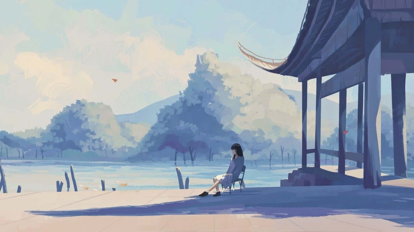 A Painting Of A Woman Sitting On A Bench Near A Lake