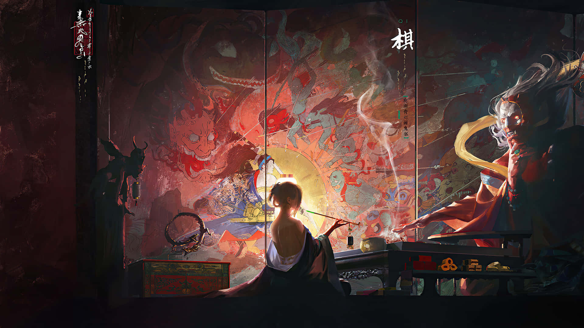 A Painting Of A Woman With A Demon On Her Head Background