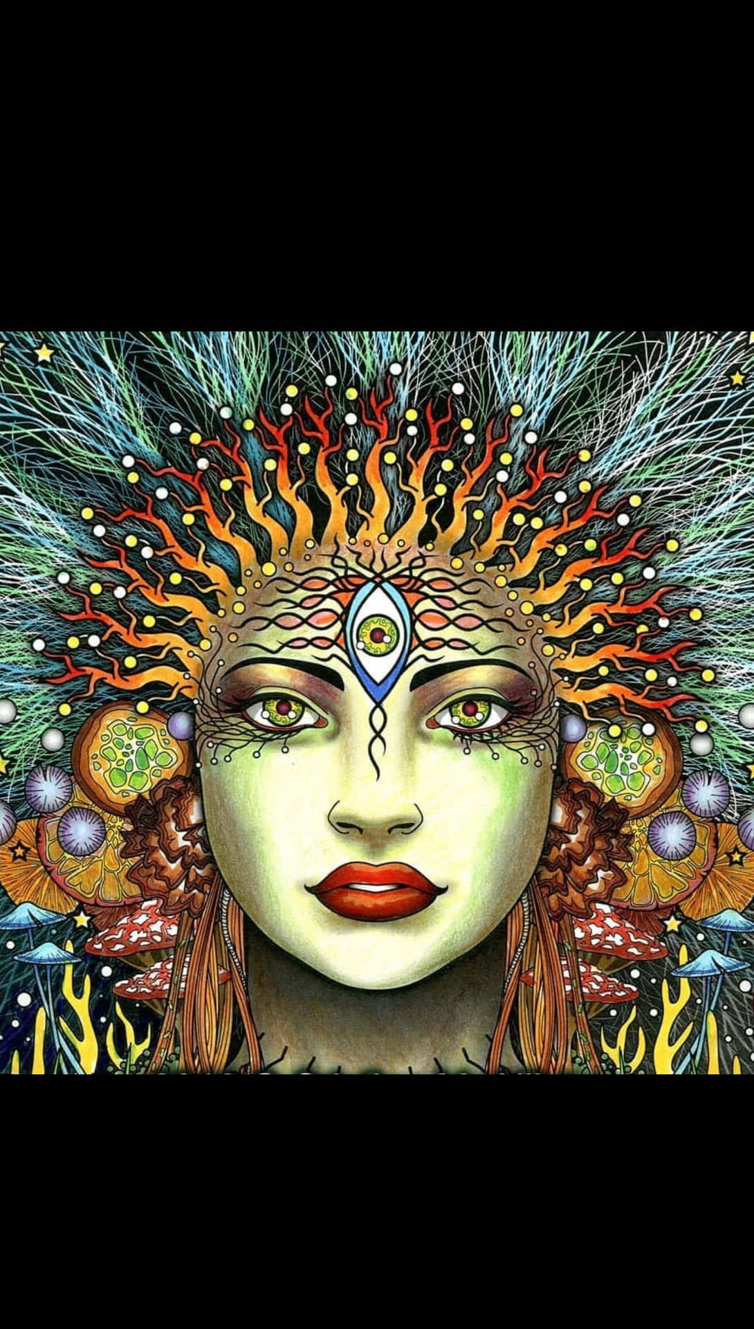 A Painting Of A Woman With A Flower Head Background