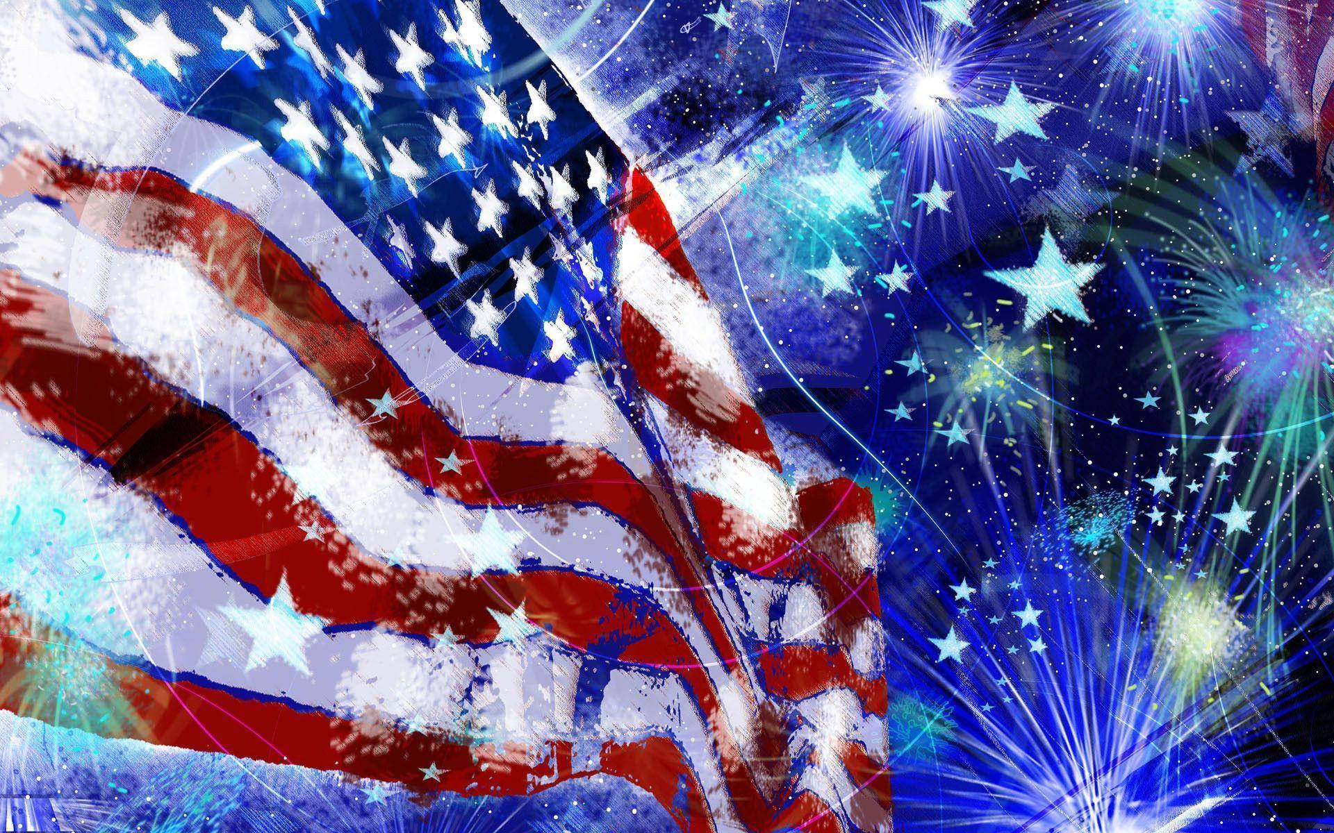A Painting Of An American Flag With Fireworks Background