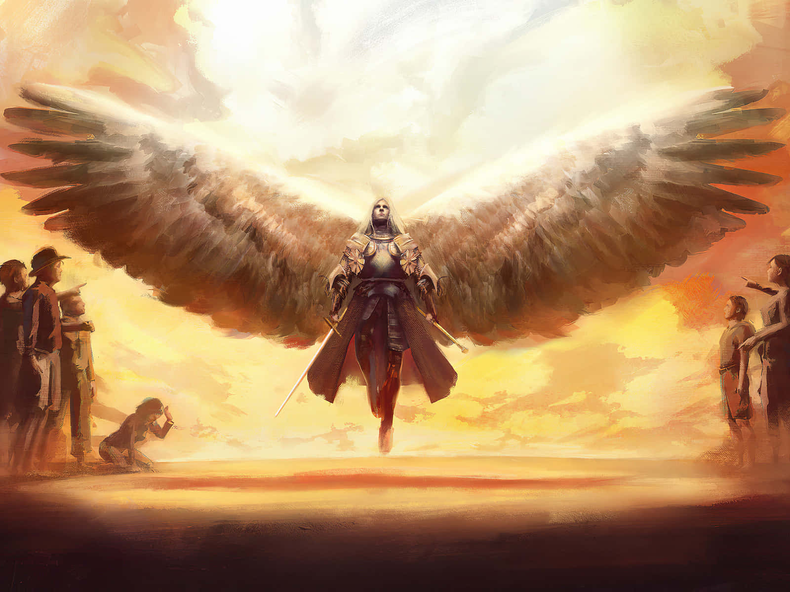 A Painting Of An Angel With Wings In The Sky Background