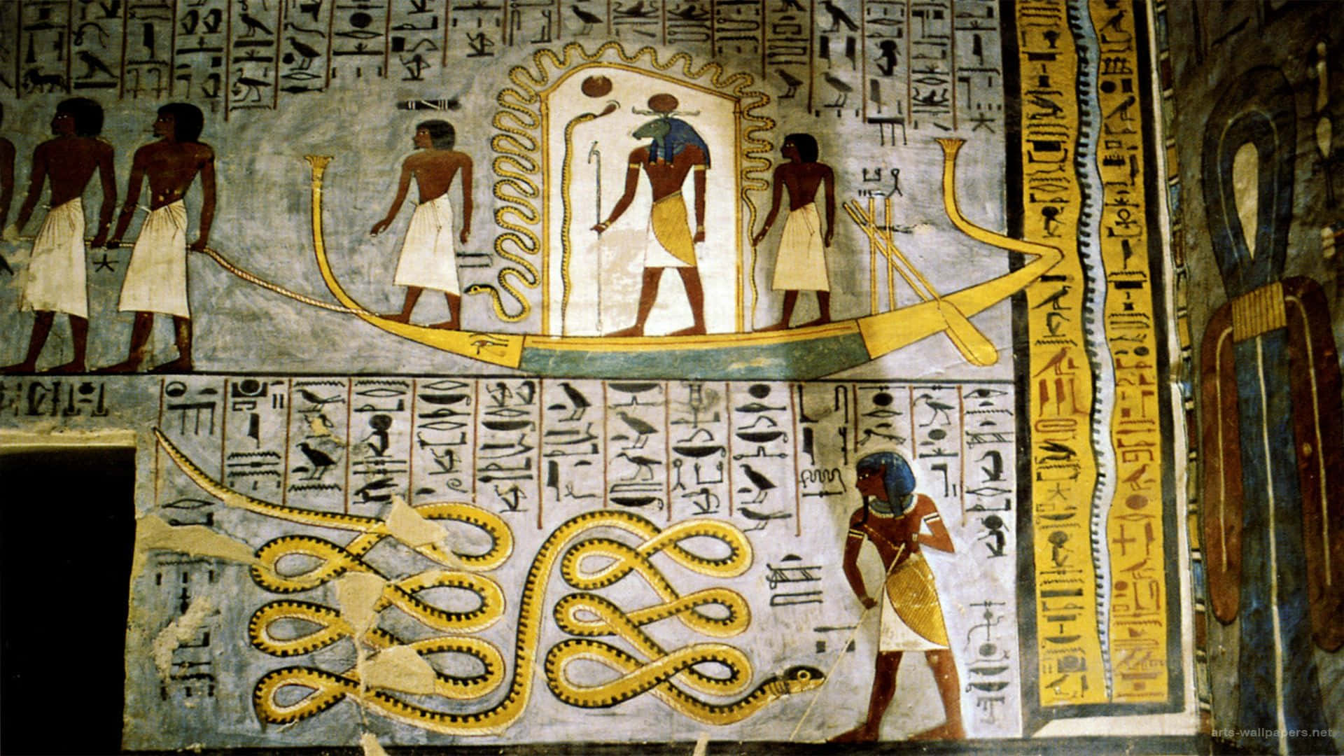 A Painting Of An Egyptian Boat With A Snake On It Background