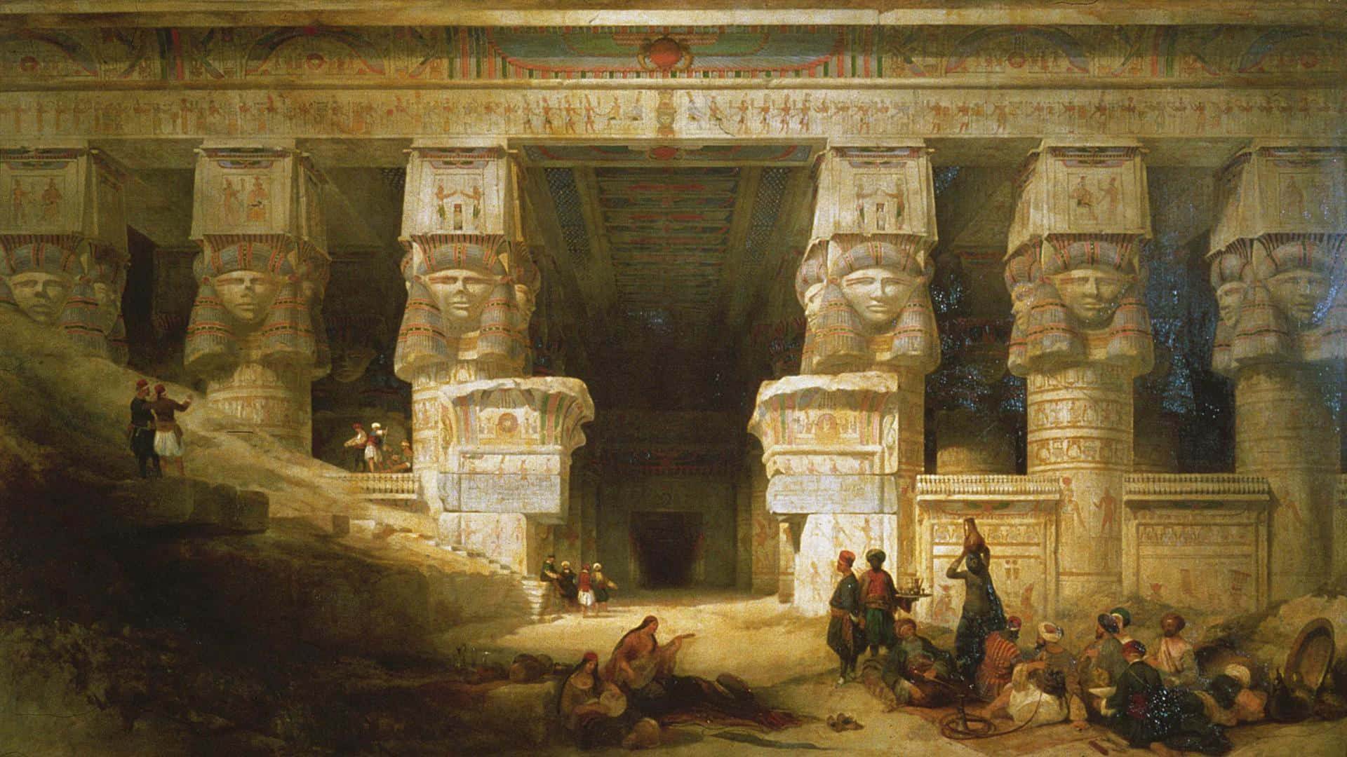 A Painting Of An Egyptian Temple With People In It