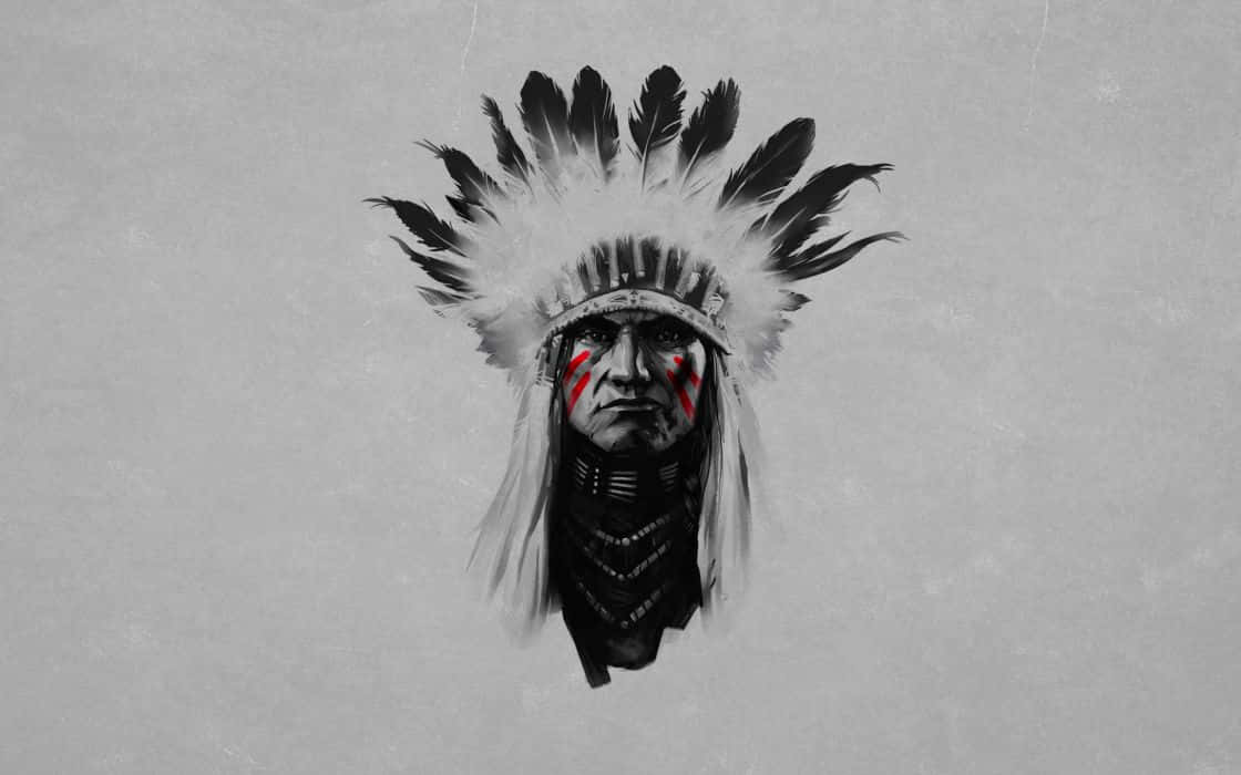 A Painting Of An Indian Chief With Feathers Background