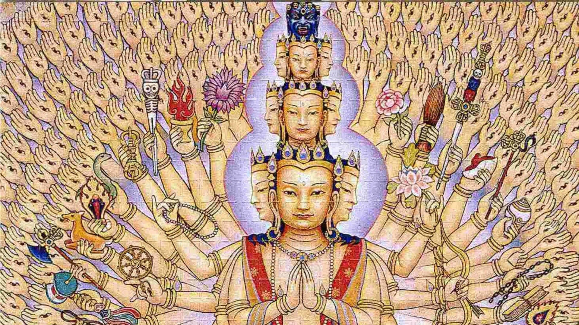 A Painting Of Buddha With Many Arms Background