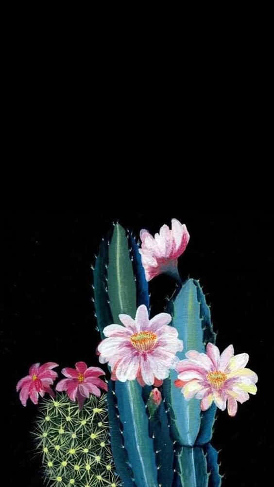 A Painting Of Cactus And Flowers On A Black Background Background