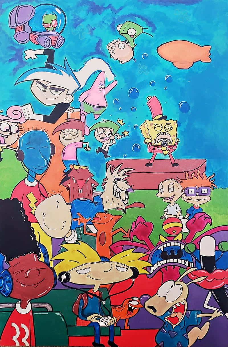A Painting Of Cartoon Characters In A Group Background