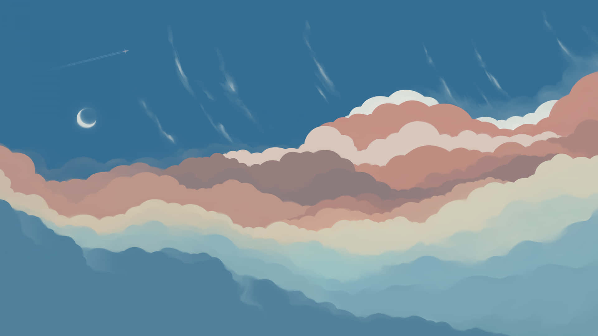 A Painting Of Clouds And A Moon Background