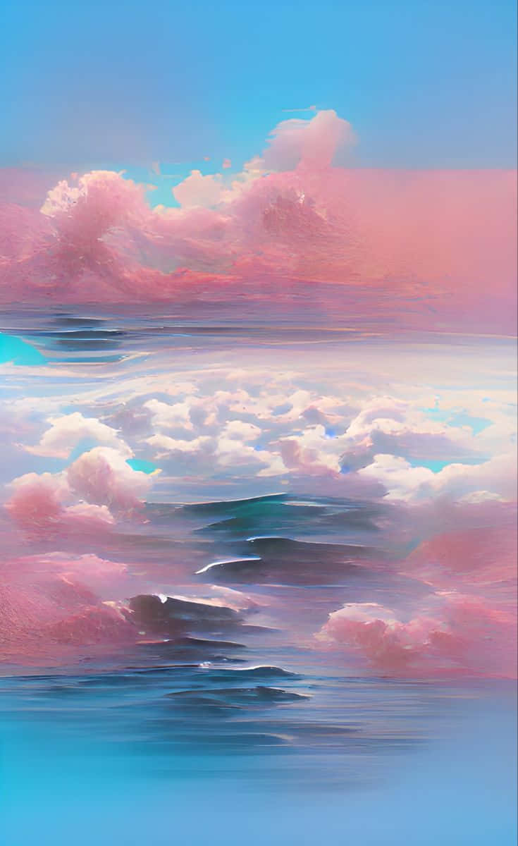 A Painting Of Clouds And Waves In Pink And Blue