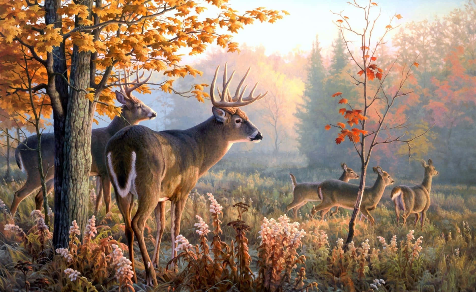 A Painting Of Deer In The Woods Background