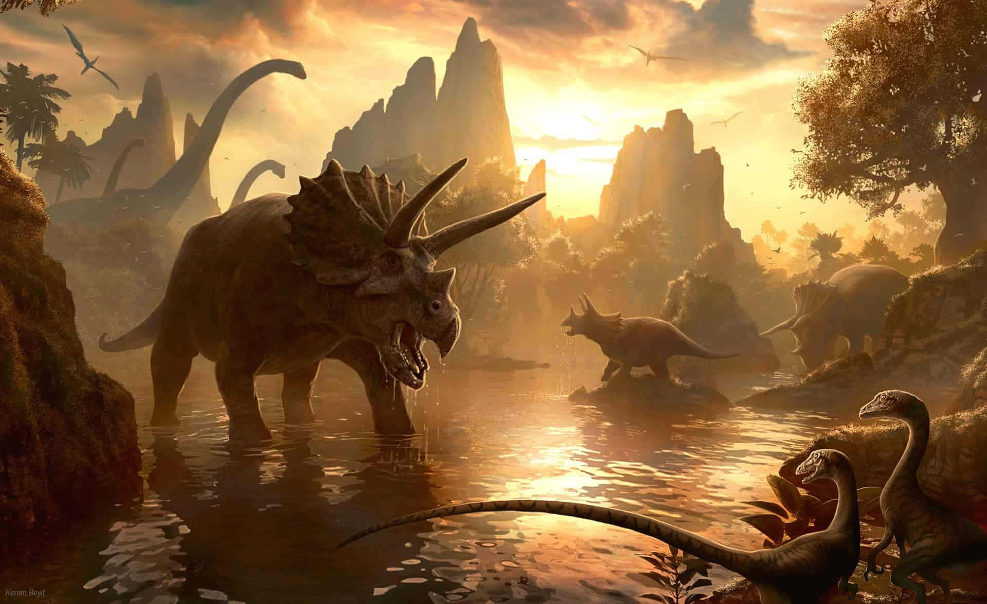 A Painting Of Dinosaurs In A River Background