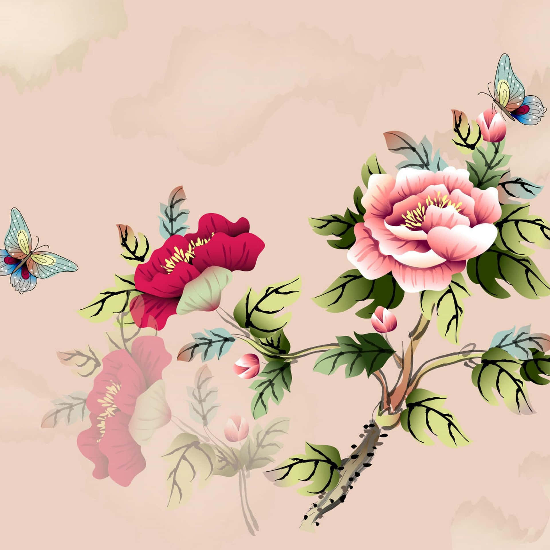 A Painting Of Flowers And Butterflies Background