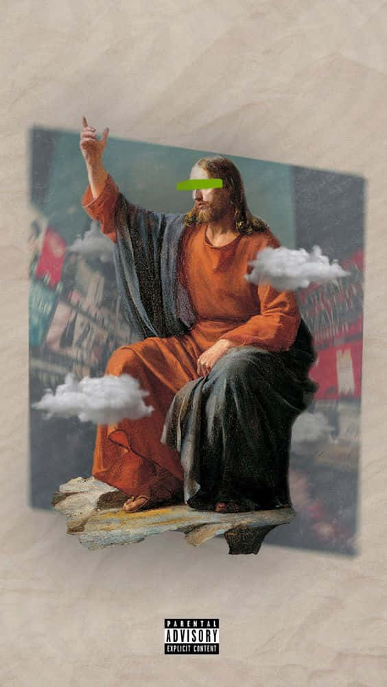 A Painting Of Jesus Sitting On A Cloud Background