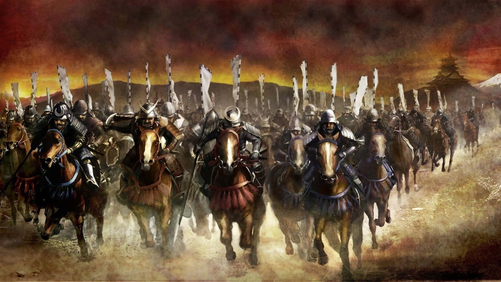 A Painting Of Men Riding Horses In A Desert Background