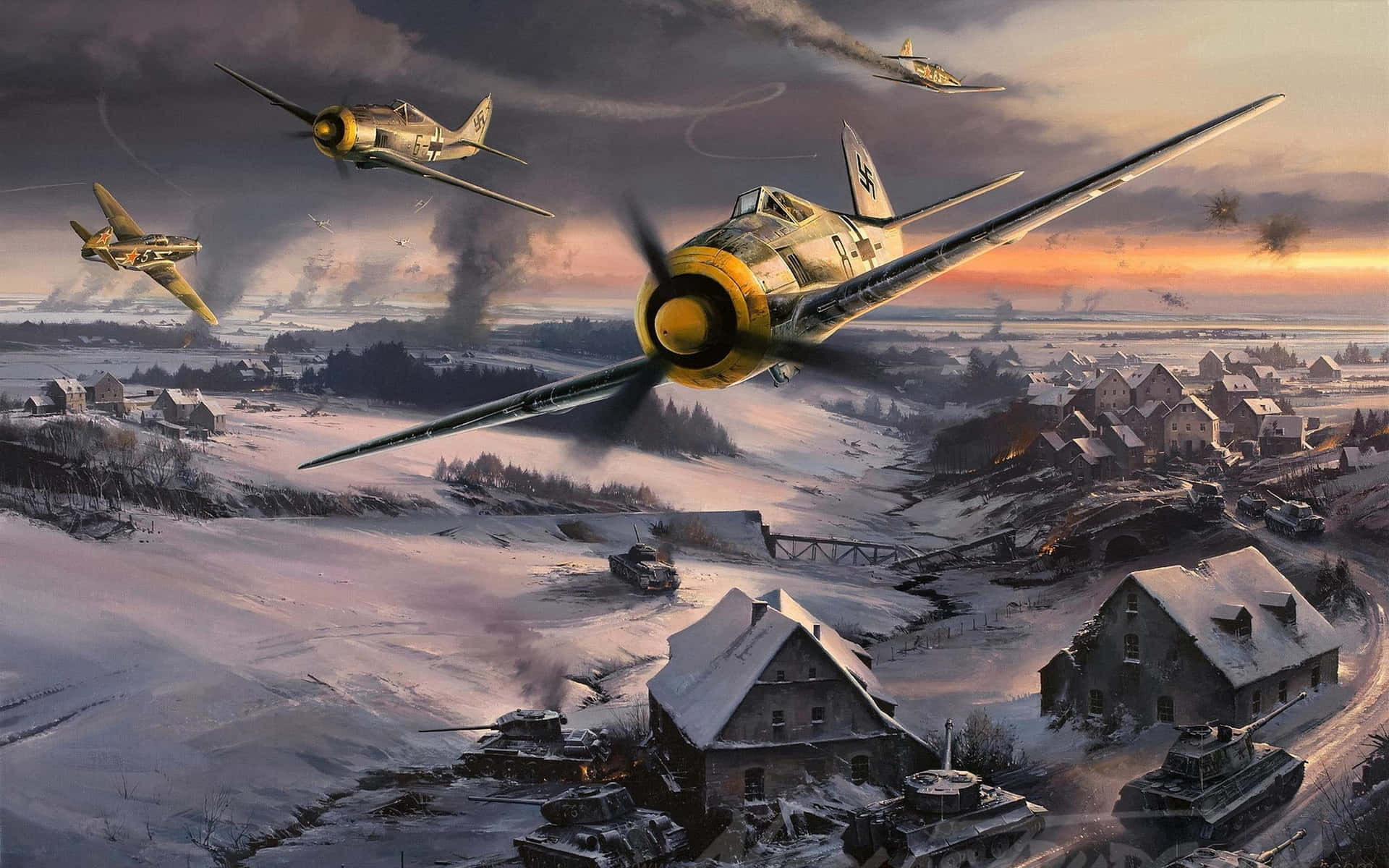 A Painting Of Planes Flying Over A Snowy Village Background