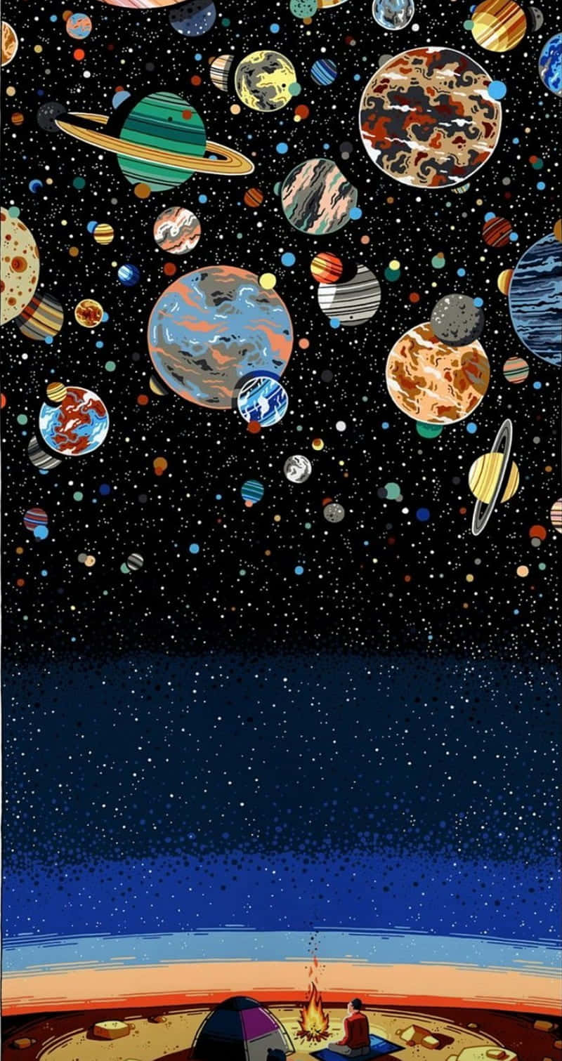 A Painting Of Planets And Stars In The Sky Background