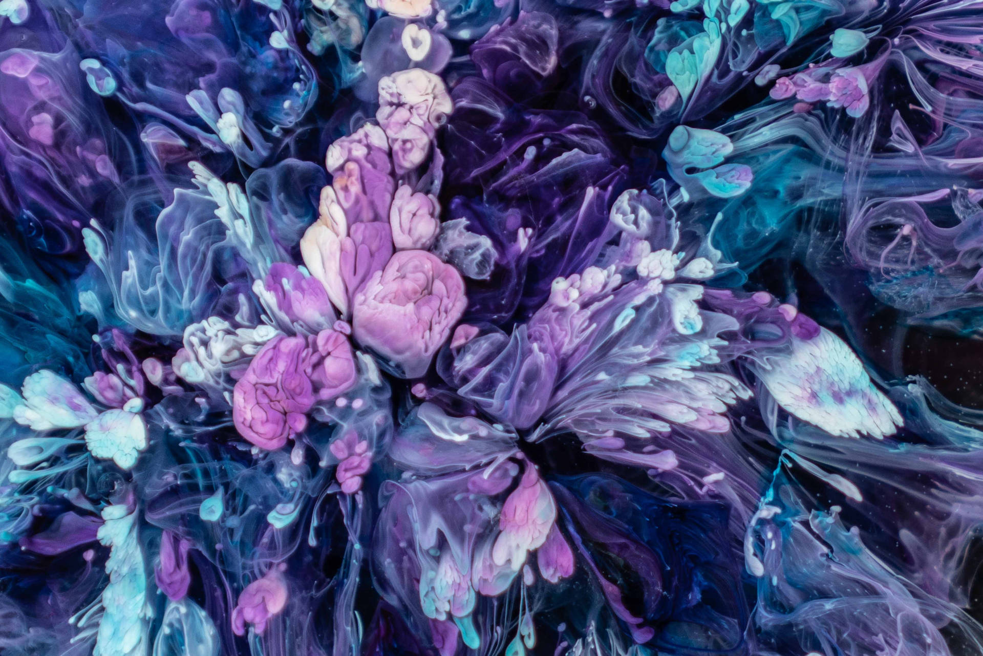 A Painting Of Purple And Blue Flowers On A Black Background Background