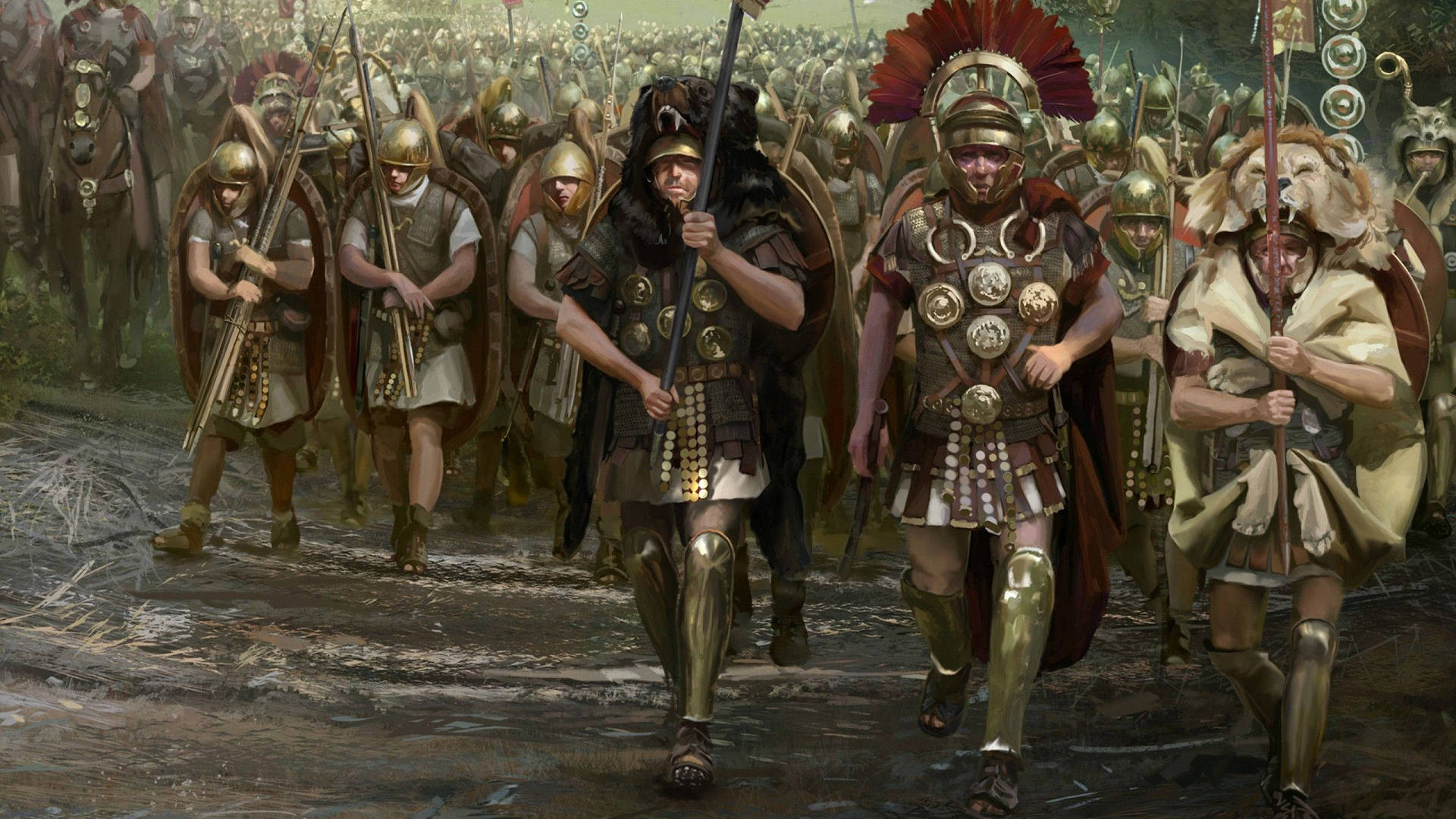 A Painting Of Roman Soldiers Walking Down A Path