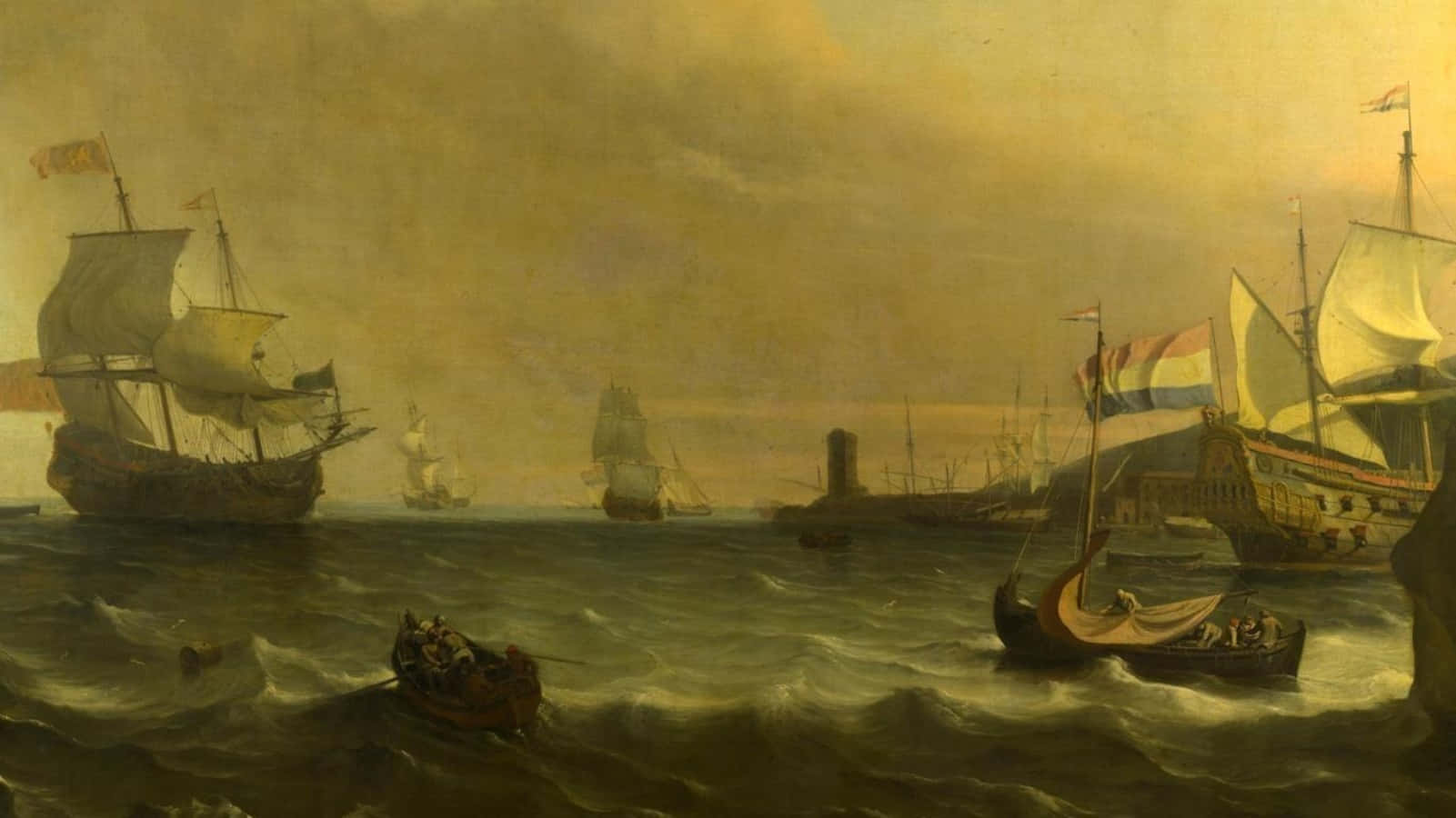 A Painting Of Ships In The Ocean Background