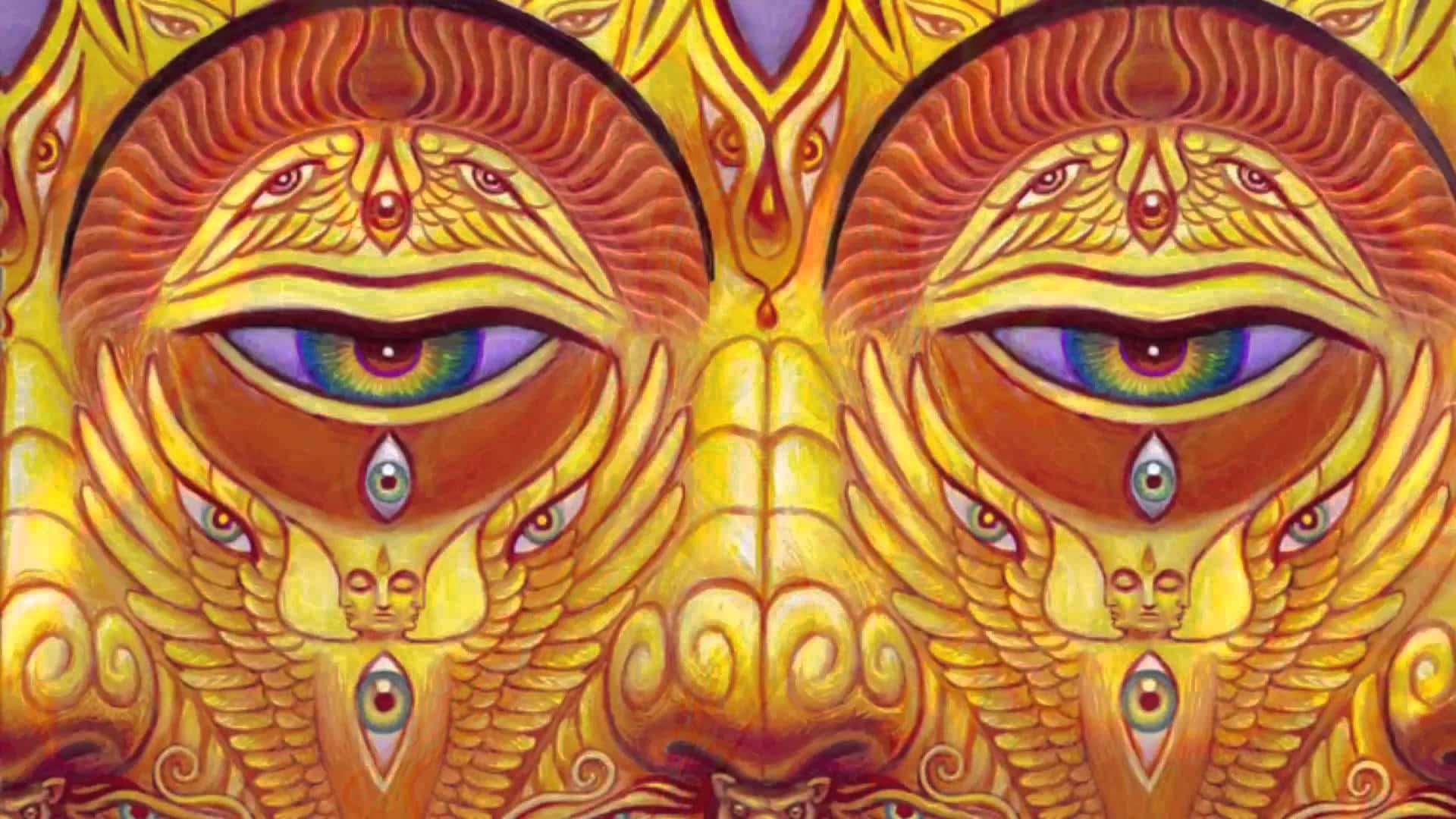 A Painting Of Three Eyes With A Yellow Background Background