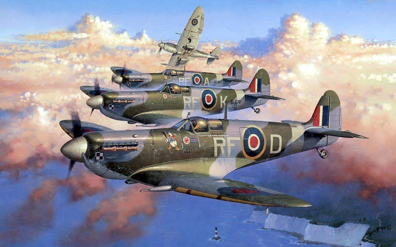 A Painting Of Three Wwii Fighter Planes Flying In The Sky Background