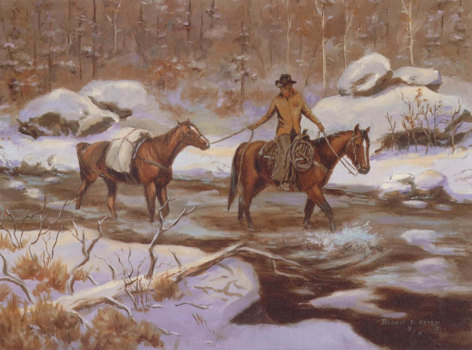 A Painting Of Two Cowboys Crossing A River Background