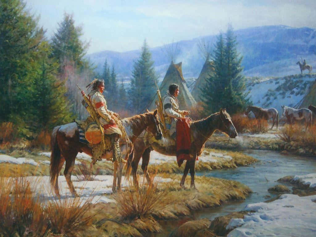 A Painting Of Two Native Americans On Horses Background