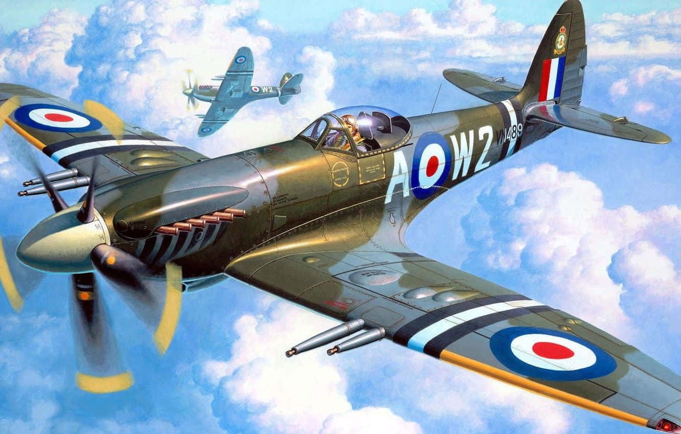 A Painting Of Two Old War Planes Flying In The Sky Background