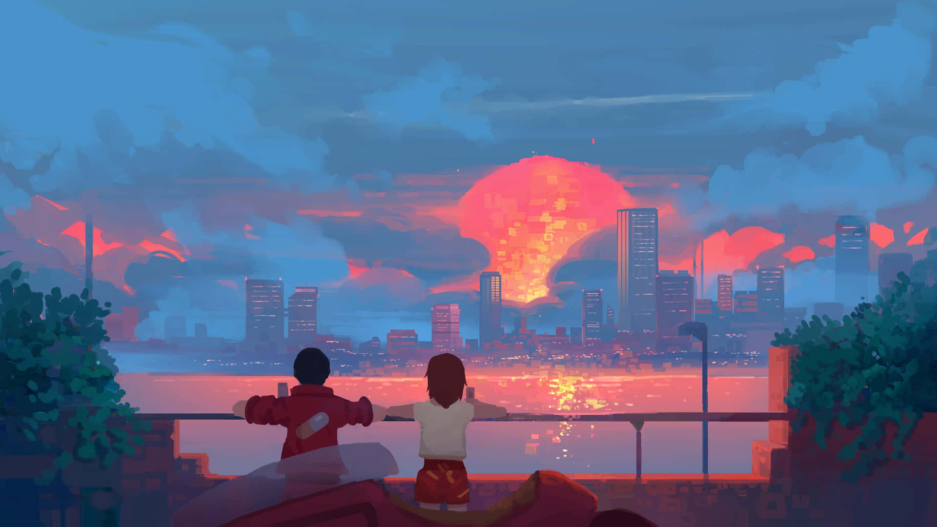 A Painting Of Two People Looking At The City Background