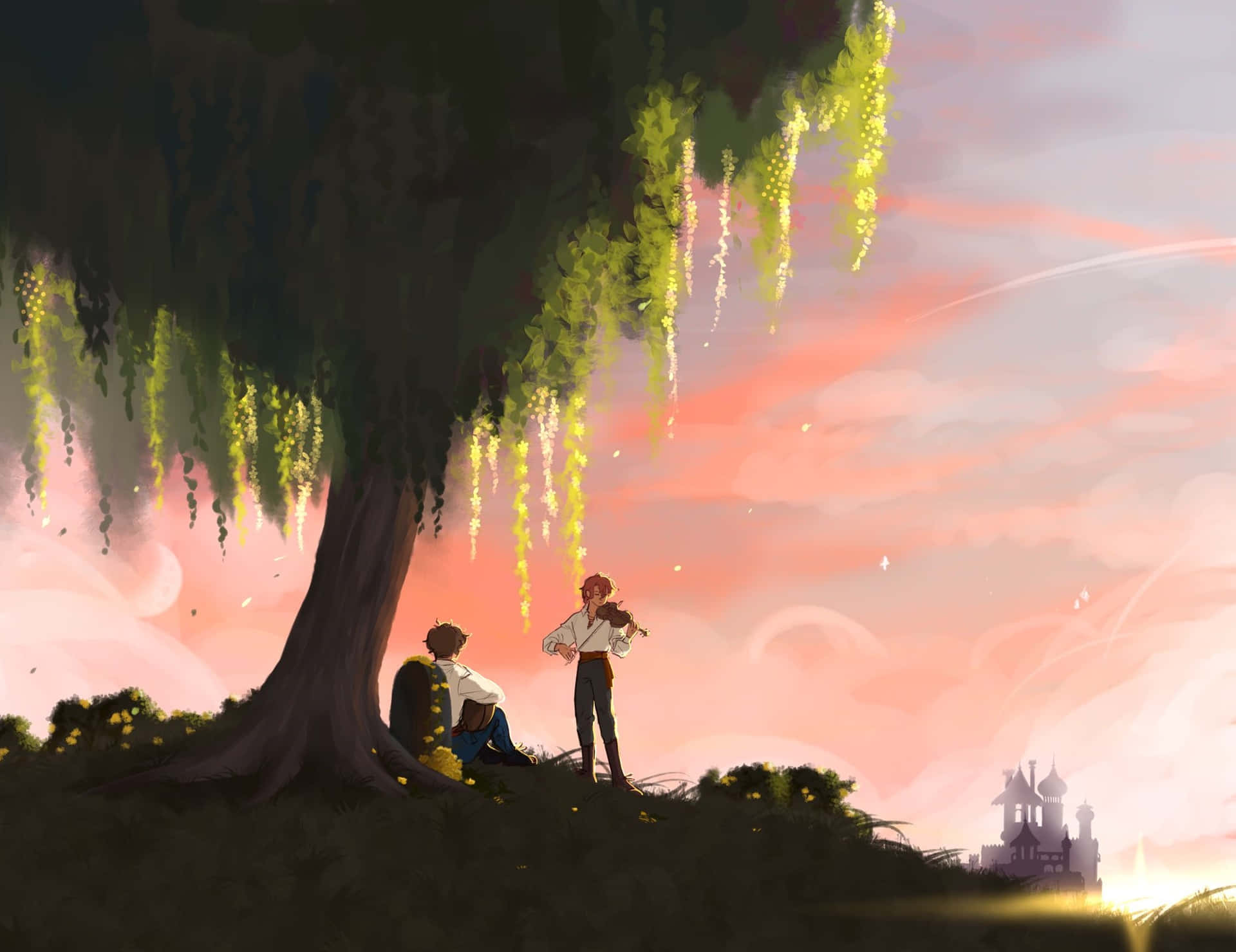 A Painting Of Two People Sitting Under A Tree Background
