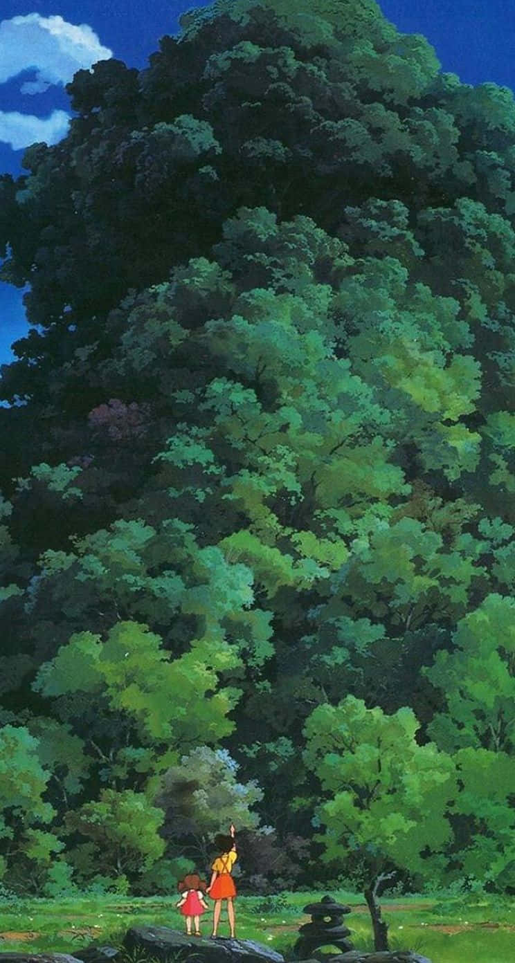 A Painting Of Two People Standing In Front Of A Tree Background