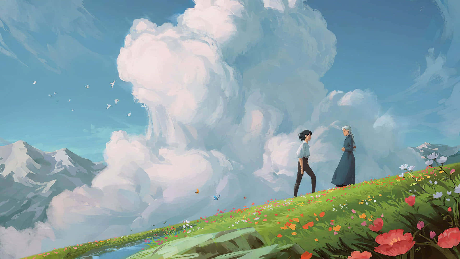 A Painting Of Two People Standing On A Grassy Hill Background