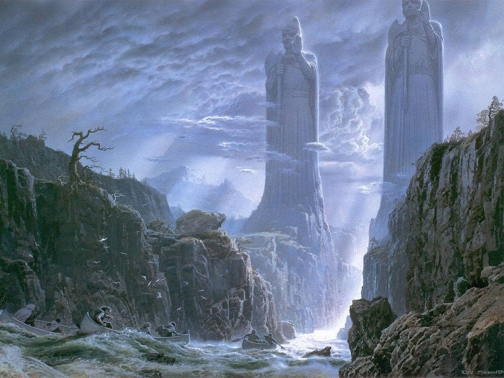 A Painting Of Two Towers In The Middle Of A River