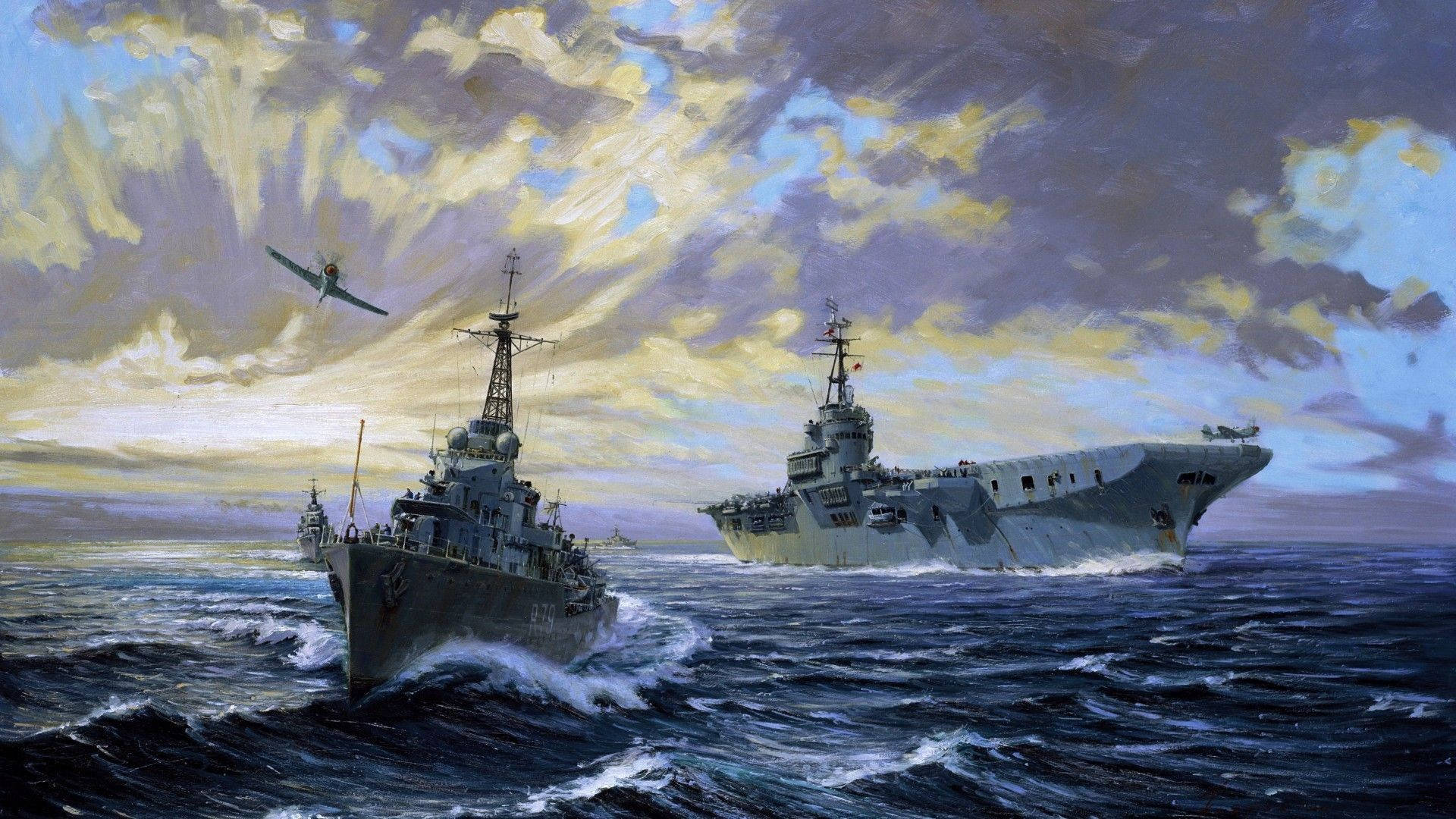 A Painting Of Two U S Navy Ships Background