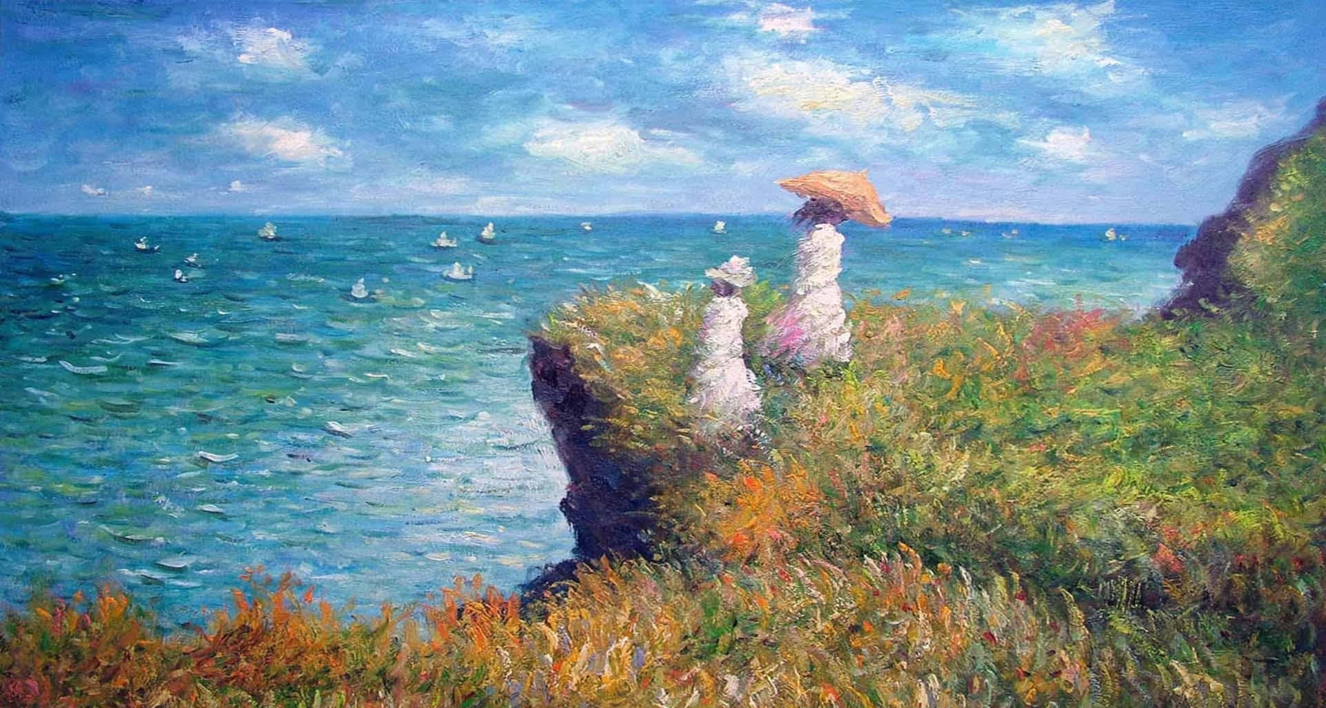 A Painting Of Two Women On A Cliff Overlooking The Ocean Background