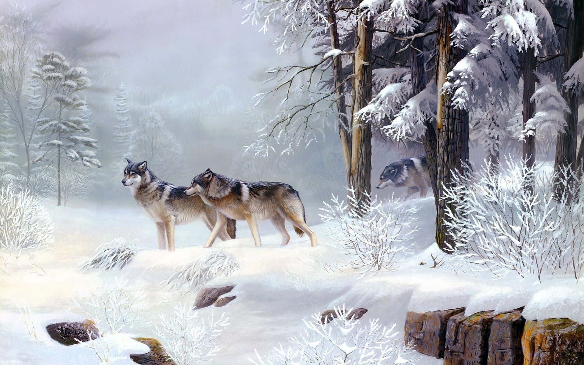A Painting Of Wolves In The Snow