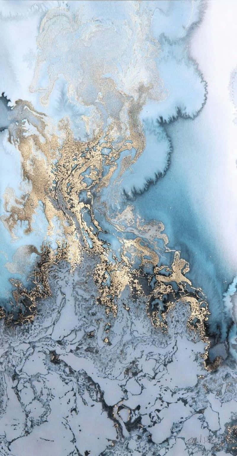 A Painting With Blue And Gold Paint On It Background