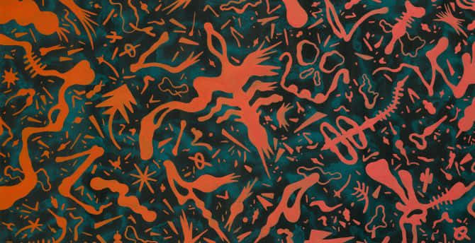 A Painting With Orange And Black Shapes On It Background