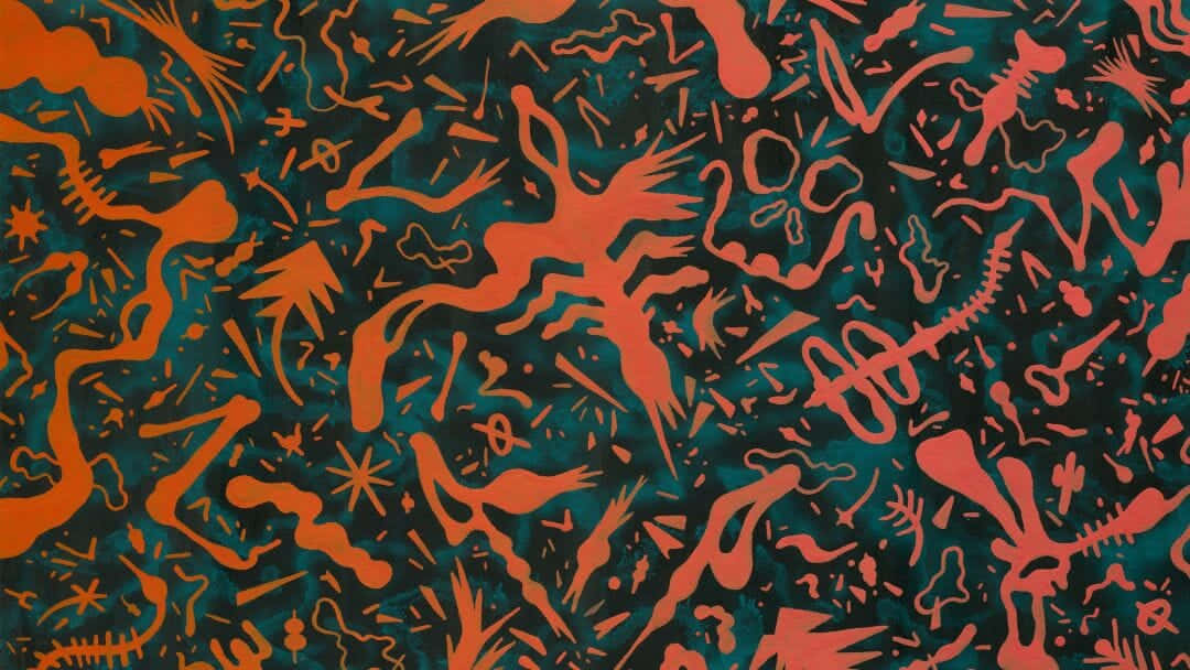 A Painting With Orange, Black And Green Shapes