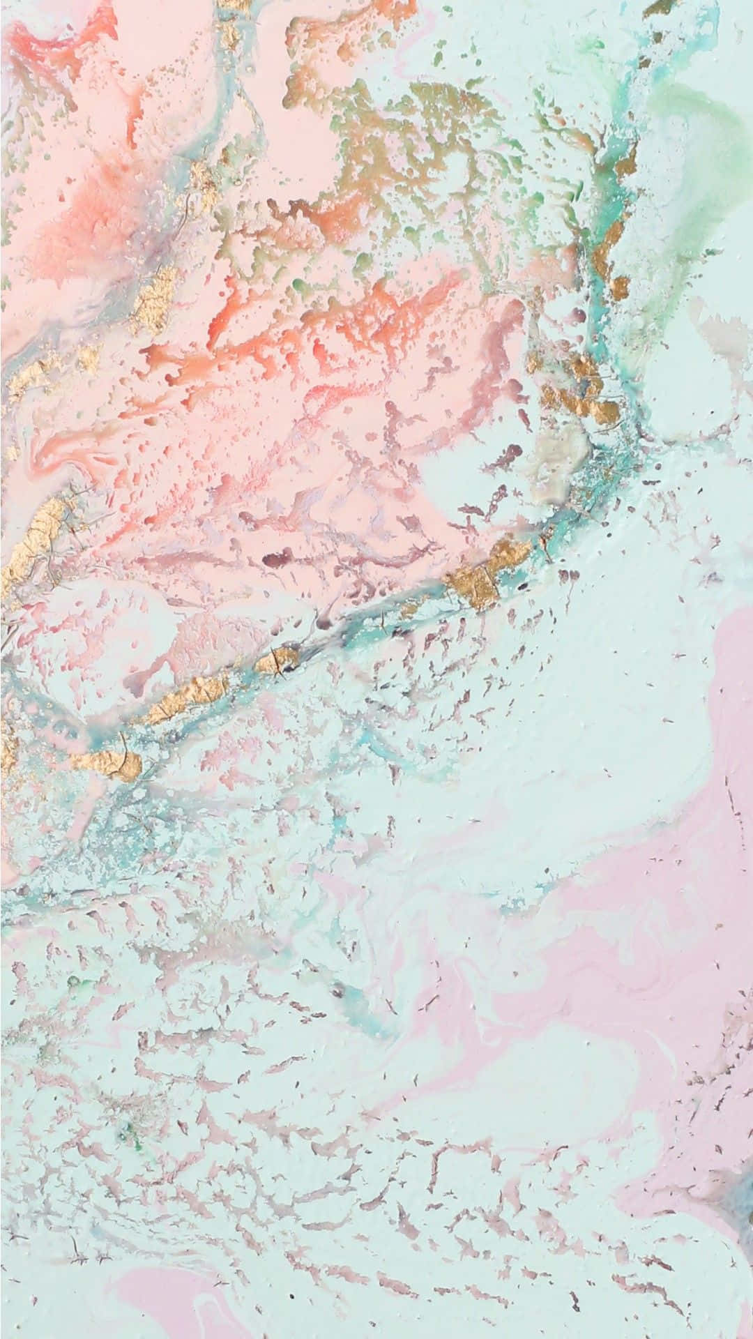 A Painting With Pink, Green And Gold Paint Background