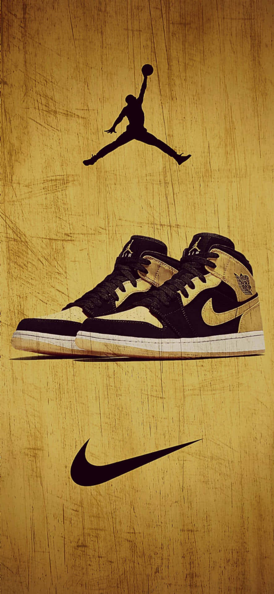 A Pair Of Gold And Black Jordan Shoes On A Brown Background Background