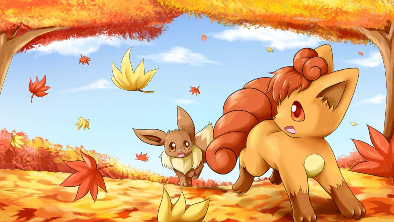 A Pair Of Pokemon Walking Through The Leaves Background