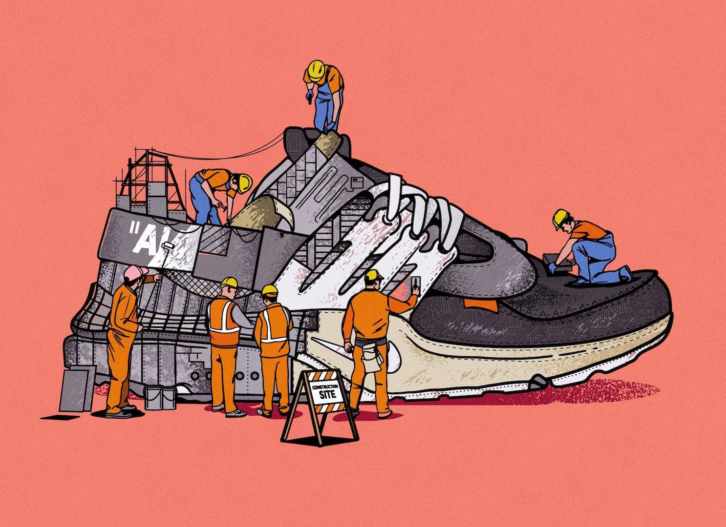 A Pair Of Shoes With People Working On Them Background