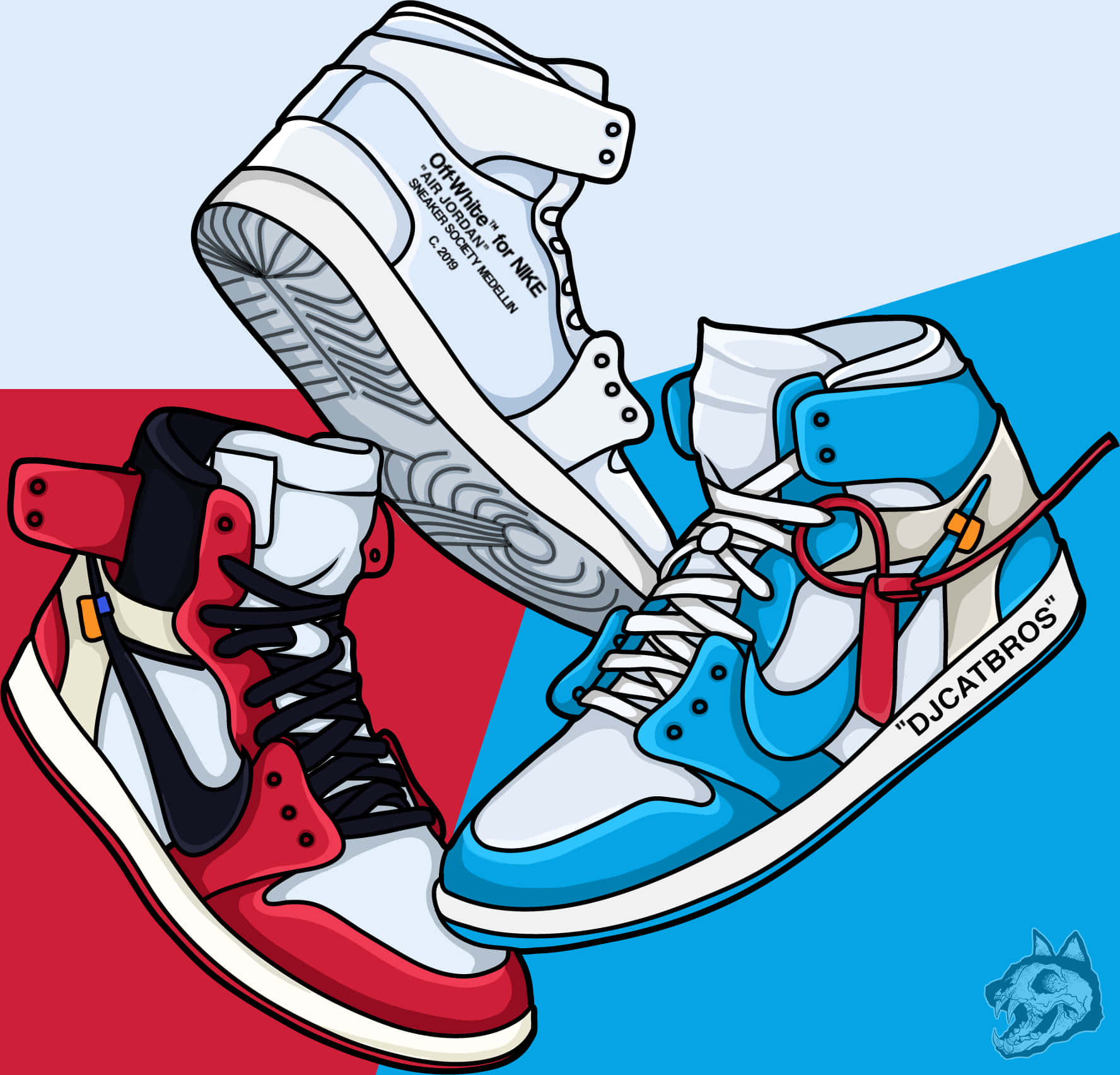 A Pair Of Sneakers With A Red, Blue And White Design Background
