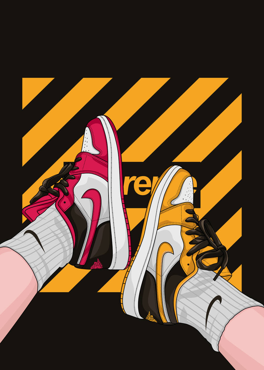 A Pair Of Sneakers With A Yellow And Black Background Background