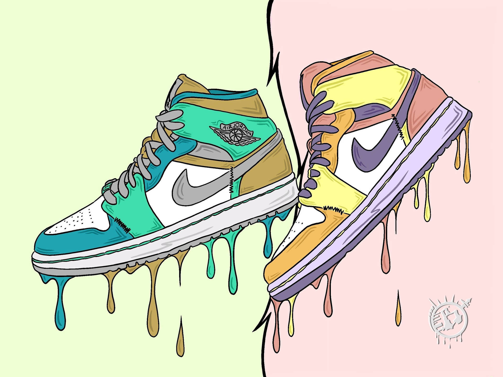 A Pair Of Sneakers With Colorful Drips On Them Background